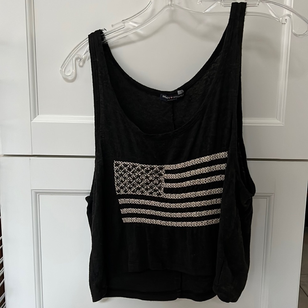 Dark gray heather short tank (OS) with hand embroidered flag